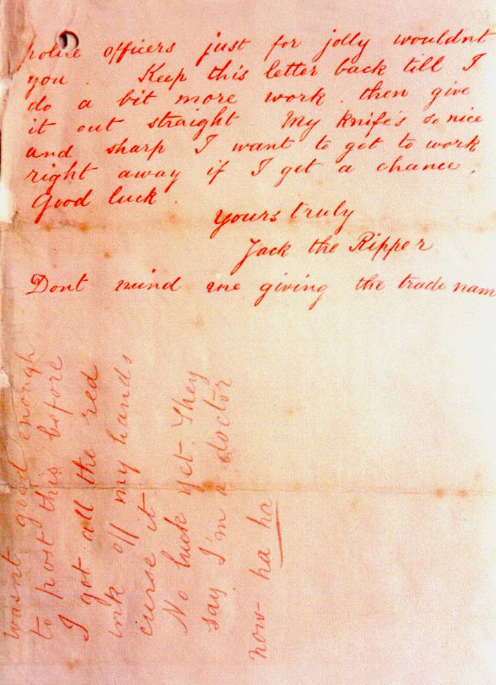 "Dear Boss" letter, page 2, with the postscript. Facsimile of the original in The National Archives, MEPO 3/142.. Facsimile of a document; whether the murderer wrote it is disputed