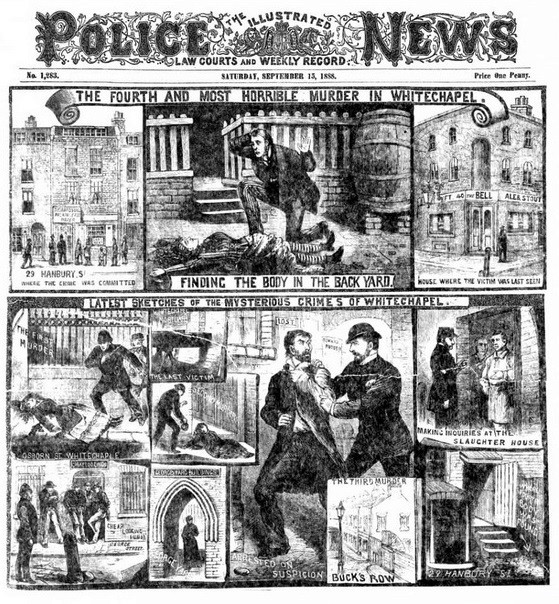 1888 edition of The Illustrated Police News.. Period illustration: an artist's impression, not a photograph