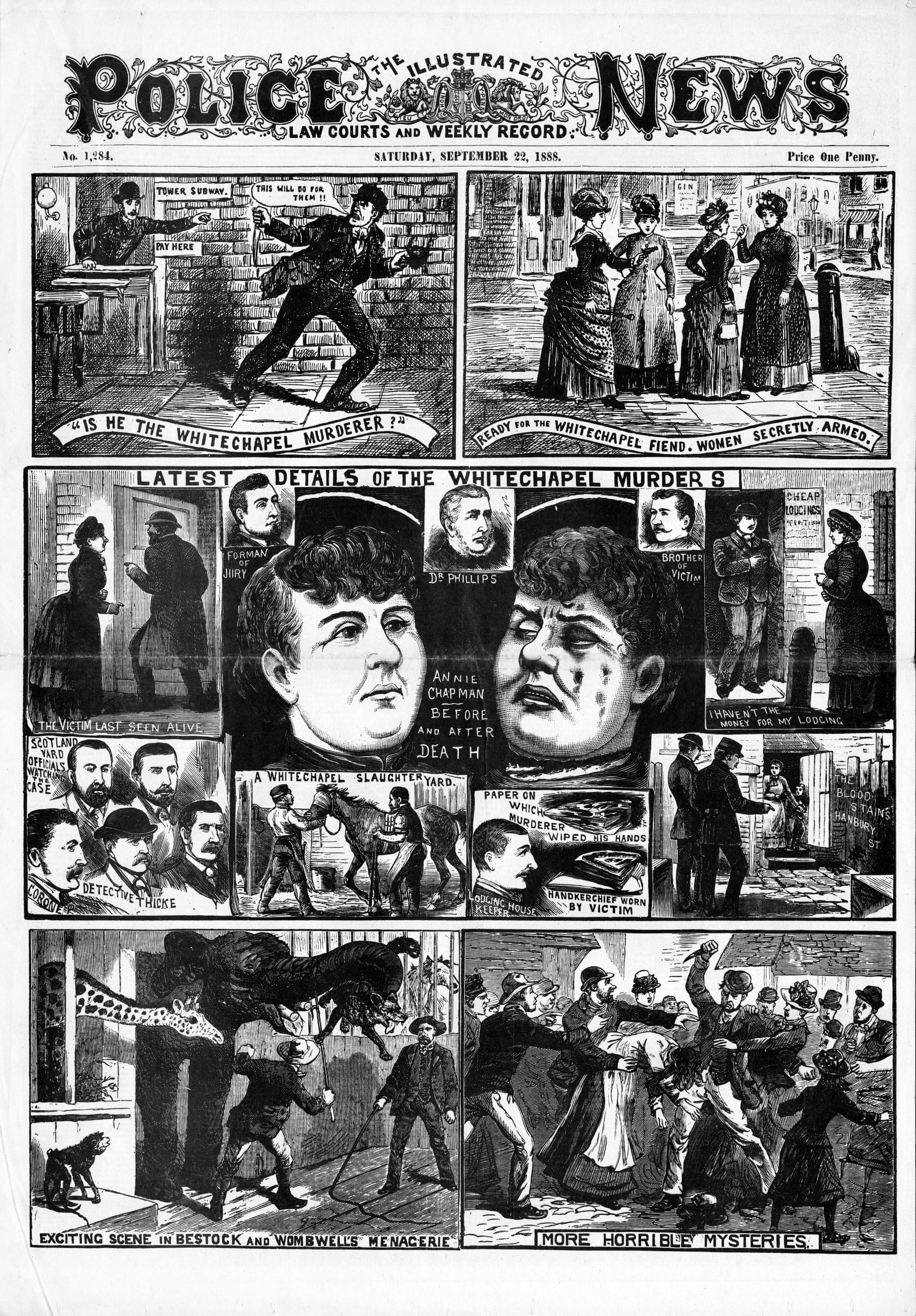 "Latest Details of the Whitechapel Murders : Annie Chapman - before and after death", The Illustrated Police News, Saturday, September 22, 1888.. Period illustration: an artist's impression, not a photograph