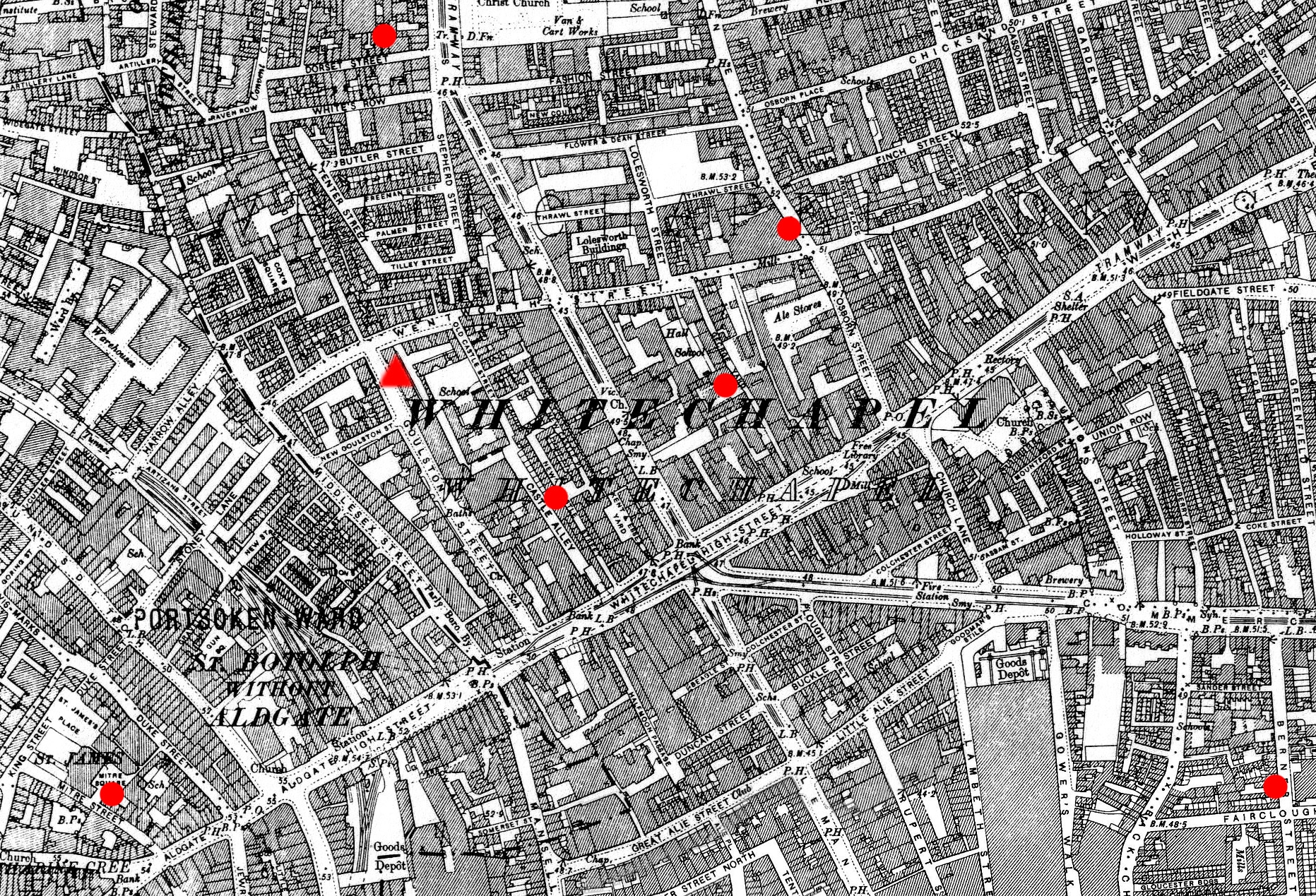 1894 ordnance survey map of Whitechapel annotated with the locations of 6 murders and one clue. Red circles indicate sites where murdered women were discovered. The red triangle indicates the position of the Goulston Street graffito, where a piece of one of the victims' clothing was discovered.
