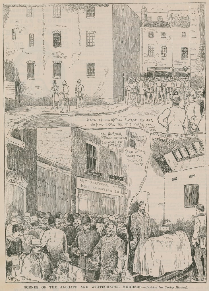“Scenes of the Aldgate and Whitechapel murders (sketched last Sunday morning)”: Mitre Square, the entrance to the Berner Street yard, and Elizabeth Stride's covered body in the mortuary. Engraving after Claude Byrne, October 1888. Wikimedia Commons attributes it to The Penny Illustrated Paper of 6 October 1888; the newspaper and page were not checked against an original copy.. Period illustration: an artist's impression, not a photograph