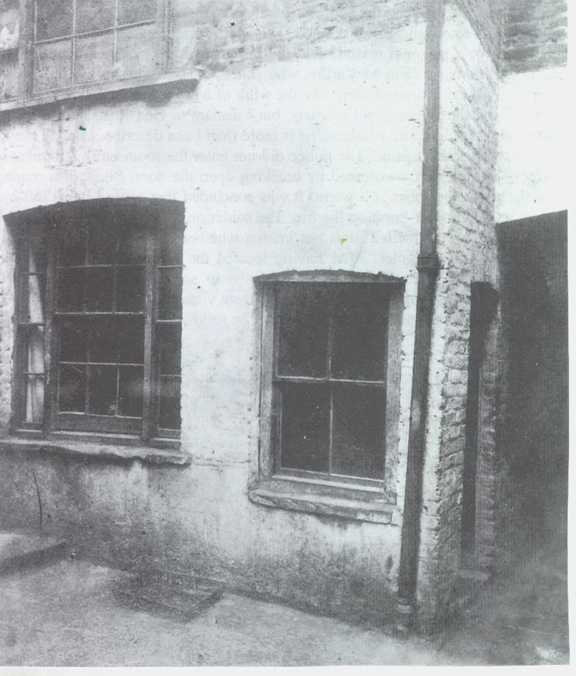 Whitechapel, Dorset Street, Miller's Court No.13. Photograph taken the day of the murder of Mary Jane Kelly of the outside of Mary Kelly's room [1].