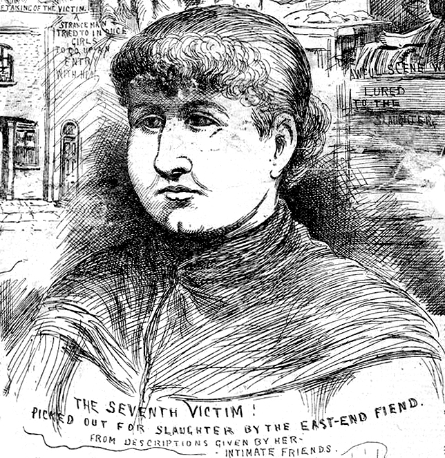 Mary Jane Kelly as depicted in the Illustrated Police News, 17 Nov 1888. Period illustration: an artist's impression, not a photograph or verified likeness