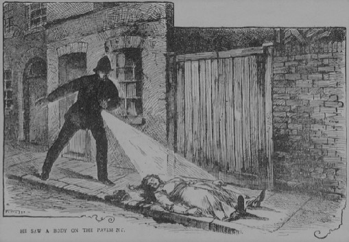 Popular illustration of PC Neil finding the body of Mary Ann Nichols by lantern-light (date of publication uncertain; Commons gives 1903).. Period illustration: an artist's impression, not a photograph or verified likeness