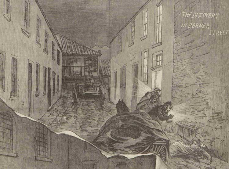 The Discovery in Berner Street (Penny Illustrated Paper, 6 Oct 1888). Period illustration: an artist's impression, not a photograph or verified likeness